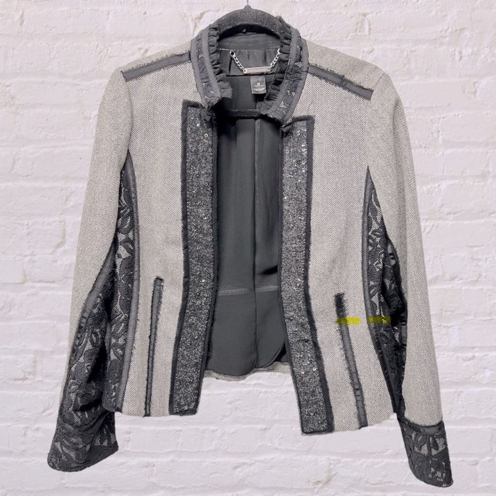 WHITE HOUSE BLACK MARKET LACE SEQUIN MILITARY BLAZER JACKET Sz 10 herringbone